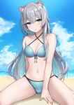  1girl :o animal_ears beach bikini blue_bikini blue_eyes blue_sky blush breasts character_request cleavage cloud collarbone commentary_request commission copyright_request day grey_hair henria highres long_hair looking_at_viewer navel ocean outdoors parted_lips sand sitting skeb_commission sky solo swimsuit 