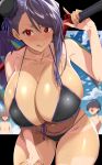  1girl 2boys :q asymmetrical_hair bikini black_bikini blue_ribbon blue_sky blurry blurry_background blush breasts bright_pupils cleavage cloud collarbone fate/grand_order fate_(series) front-tie_bikini_top front-tie_top grey_hair hair_bun hair_ribbon hand_on_own_thigh highres holding holding_sword holding_weapon huge_breasts katana kloah leaning_forward long_hair looking_at_viewer miyamoto_musashi_(fate) miyamoto_musashi_(swimsuit_berserker)_(fate) miyamoto_musashi_(swimsuit_berserker)_(second_ascension)_(fate) multiple_boys navel red_eyes ribbon shiny_skin single_hair_bun single_side_bun single_sidelock skindentation sky solo_focus standing sweat swept_bangs swimsuit sword tan tanlines tongue tongue_out weapon white_pupils 