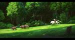  boar bush commentary cyclecircle day english_commentary field forest grass highres holding holding_polearm holding_weapon hunting letterboxed mononoke_hime moro_(mononoke_hime) nature outdoors polearm riding riding_animal rock san_(mononoke_hime) scenery shadow spear studio_ghibli tree tree_stump weapon wide_shot wolf 