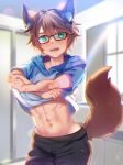  1boy animal_ears artist_request black_pants blue_hoodie brown_hair brown_tail character_request clothes_lift fangs fox_ears fox_tail foxz_(vtuber) glasses green_eyes highres hood hoodie indie_virtual_youtuber midriff navel open_clothes open_mouth open_shirt pants shirt_lift short_hair short_sleeves solo stomach tail undressing 