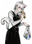  1girl absurdres animal_ears bag cat_ears cat_tail chainsaw_man dress earrings fami_(chainsaw_man) food fourth_east_high_school_uniform grocery_bag highres jewelry looking_at_viewer mkmwyydlp mole mole_under_eye mole_under_mouth multiple_moles pinafore_dress red_eyes ringed_eyes school_uniform shopping_bag short_hair simple_background sleeveless sleeveless_dress solo tail taiyaki tassel tassel_earrings wagashi white_background white_hair 
