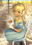  1girl absurdres au_ra blonde_hair boater_hat breasts cafe cup dark-skinned_female dark_skin dragon_horns dragon_tail dress final_fantasy final_fantasy_xiv gloves hide_(hideout) highres horns long_hair looking_at_viewer medium_breasts ponytail scales sitting solo tail teacup teapot warrior_of_light_(ff14) yellow_eyes 
