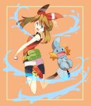  1girl :d bare_shoulders bike_shorts bike_shorts_under_shorts black_shorts bow brown_hair fanny_pack full_body hair_bow hari611 holding holding_poke_ball looking_at_viewer may_(pokemon) mudkip open_mouth poke_ball pokemon pokemon_(creature) pokemon_(game) pokemon_oras red_bow shorts smile water white_shorts 