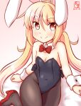  1girl animal_ears artist_logo bare_shoulders black_leotard black_pantyhose blanket blonde_hair blush bow bowtie breasts dated detached_collar fake_animal_ears kanon_(kurogane_knights) kantai_collection leotard long_hair looking_at_viewer low_twintails one-hour_drawing_challenge pantyhose playboy_bunny rabbit_ears red_footwear satsuki_(kancolle) sitting smile solo strapless strapless_leotard twintails wrist_cuffs yellow_eyes 