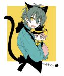  1boy animal_ears black_hair black_vest blue_eyes blue_shirt blush cat_boy cat_ears cat_tail character_doll ensemble_stars! heterochromia itsuki_shu kagehira_mika looking_at_viewer male_focus multicolored_background open_mouth shirt short_hair skk solo tail vest white_background yellow_background yellow_eyes 