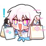  ! +_+ 1girl bag black_gloves blush buttons chibi english_commentary gloves holding holding_bag honkai:_star_rail honkai_(series) march_7th_(honkai:_star_rail) medium_hair official_art open_mouth pink_hair shopping_bag single_glove solo transparent_background upper_body v-shaped_eyebrows 