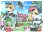  1boy 1girl alice_(rune_factory) animal anniversary apo_518 ares_(rune_factory) armband armor blonde_hair blue_eyes blue_headwear blue_necktie blue_sky blush border cabbage cantaloupe chestnut closed_mouth cloud collared_shirt copyright_name crops day farm food frog fruit green_eyes hat highres hoe holding holding_animal holding_hoe house long_hair long_sleeves looking_at_viewer melon necktie outdoors peaked_cap red_headwear rock rune_factory rune_factory_5 sheep shirt short_hair shoulder_armor sky smile squirrel standing tree turnip watering_can white_border white_shirt 