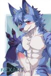  abs anthro blue_body blue_fur canid canine canis cute_expression erection fangs foreskin fur genitals hi_res male mammal muscular muscular_anthro muscular_male pecs penis red_eyes smile solo teeth wolf zex 