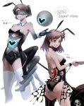  2girls absurdres adapted_costume animal_ears black_eyes black_gloves black_leotard blindfold breasts brown_hair closed_mouth detached_collar e.g.o_(project_moon) employee_(lobotomy_corporation) extra_legs fake_animal_ears fkrnnmr gloves hammer highres holding holding_hammer leotard lobotomy_corporation looking_at_viewer medium_breasts medium_hair multiple_girls project_moon rabbit_ears simple_background small_breasts smile sparkling_eyes white_background wrist_cuffs 