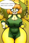  animal_crossing anthro apron apron_only big_breasts bodily_fluids breast_milking breasts canid canine canis clothing derpybelle domestic_dog english_text eyewear female glasses hair hi_res i_mean_breast_milk lactating mammal meme nintendo orange_hair smile solo text thedeathcrow05 yellow_body 