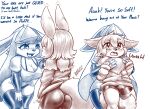 2023 4_fingers absurd_res anthro armwear artist_name baggy_clothing baggy_shirt baggy_topwear bent_over big_breasts black_nose blasticussaturn blush bottomwear breasts butt canid canine chest_tuft claws cleavage clothed clothing dialogue digital_media_(artwork) duo eevee eeveelution embarrassed embrace english_text erection fangs female fingers frown fur generation_1_pokemon generation_4_pokemon glaceon hair hi_res hiding_erection hug larger_female legwear male mammal monochrome narrowed_eyes nintendo nipple_outline open_frown open_mouth open_smile pokemon pokemon_(species) rear_view shirt shorts signature simple_background size_difference slushie_(blasticussaturn) smaller_male smile standing stockings tail teeth text thigh_highs tongue topwear tuft 