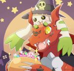  anthro bandai_namco beady_eyes blush candy claws clothing dessert digimon digimon_(species) duo food fur guilmon halloween hat headgear headwear hi_res holidays horn long_ears male red_body sparkling_eyes terriermon thatsquirrelly white_body white_fur witch_costume witch_hat 