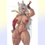  1girl abs absurdres animal_ear_fluff animal_ears bare_shoulders bikini bikini_bottom_only breasts cat_ears cat_girl cat_tail choker collarbone commentary curvy dark-skinned_female dark_skin eyepatch ghislaine_dedoldia grey_hair hair_between_eyes heart_pasties highres holding holding_sword holding_weapon large_breasts long_hair looking_at_viewer melowh mushoku_tensei navel pasties patreon_username red_bikini red_choker red_eyes scar scar_on_cheek scar_on_face scar_on_stomach smile solo standing swimsuit sword tail tail_ornament tail_ring thick_thighs thighs weapon 