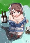  1girl akashieru alcohol apron bandana blue_sailor_collar blue_serafuku blue_skirt bottle breasts brown_hair bust_cup chougei_(kancolle) cleavage commentary_request grey_eyes hair_ornament hair_rings hairclip headgear highres kantai_collection large_breasts neckerchief pleated_skirt sailor_collar sake sake_bottle school_uniform serafuku sitting skirt smile solo thighhighs waist_apron white_apron white_neckerchief yokozuwari 