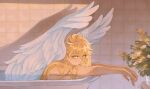  1boy aether_(genshin_impact) ahoge androgynous angel angel_wings bathtub bishounen blonde_hair feathered_wings flower genshin_impact hair_down highres jokemato leaf long_hair male_focus plant potted_plant solo topless_male white_flower white_wings wings yellow_eyes 