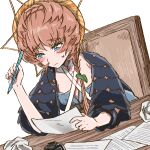  1girl belt black_sleeves blue_eyes blue_overalls blush braid brown_hair chair crown_braid crumpled_paper desk fate/grand_order fate_(series) flat_chest holding holding_paper holding_pen inkwell looking_at_object looking_down on_chair orange_headwear overalls paper pen puffy_sleeves reading shimogamo_(shimomo_12) side_braid simple_background solo striped striped_headwear sweatdrop upper_body van_gogh_(fate) white_background 