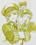  1girl absurdres ace_attorney cabbie_hat closed_eyes closed_mouth collared_shirt crossed_arms gina_lestrade hat highres jacket monochrome multiple_views necktie open_mouth sasatake_(sasatakebe) shirt short_hair smile the_great_ace_attorney traditional_media upper_body 