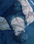  1boy animal animal_on_stomach bara bed black_hair black_tank_top blue_eyes cat closed_eyes domo_(domo_kizusuki) highres kokado_shido_(domo) large_pectorals lying male_focus muscular muscular_male on_bed original pectoral_cleavage pectorals pillow shirt short_hair sideburns sleeping solo tank_top thick_eyebrows tight_clothes tight_shirt veins 