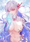  1girl bracelet breasts earrings fate/grand_order fate_(series) finger_to_mouth fingernails gotronix grey_hair hair_ribbon highres jewelry kama_(fate) kama_(third_ascension)_(fate) large_breasts long_fingernails long_hair navel red_eyes ribbon 