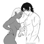  1boy 1girl bisexual_male black_hair cowboy_shot dark-skinned_female dark_skin fingernails gwenervi highres long_hair nipples original patreon_username pectorals sharp_fingernails short_hair white_background 