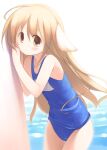  1girl animal_ears bangs blonde_hair blue_one-piece_swimsuit blush brown_eyes closed_mouth commentary cowboy_shot dog_ears emurin expressionless flat_chest hair_between_eyes long_hair one-piece_swimsuit original raised_eyebrows school_swimsuit solo swimsuit water 