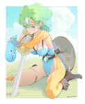  1girl asymmetrical_clothes belt blue_eyes blue_gemstone blue_leotard boots breasts cacn circlet closed_mouth cloud curly_hair detached_sleeves dragon_quest dragon_quest_iv forehead_jewel gem green_hair heroine_(dq4) highleg highleg_leotard highres leotard looking_at_viewer medium_breasts on_grass orange_sleeves orange_thighhighs shield shoulder_belt single_detached_sleeve single_thighhigh sitting slime_(dragon_quest) sword thighhighs thighlet wariza weapon 