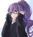 1girl absurdres black_sweater blue_eyes blue_ribbon blush breasts fate/grand_order fate_(series) glasses hair_ribbon highres long_hair long_sleeves meltryllis_(fate) obazzotto ponytail purple_hair ribbon small_breasts solo sweater 