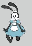  anthro black_body black_fur bow_ribbon clothed clothing crossdressing disney fur happy hi_res lagomorph leporid maid. maid_apron maid_headdress maid_uniform male mammal negafelix oswald_the_lucky_rabbit puffy_sleeves rabbit solo uniform walking 