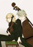  2boys ahoge alhaitham_(genshin_impact) back-to-back black_jacket black_pants blazer blonde_hair blue_eyes cello closed_mouth genshin_impact grey_hair highres holding holding_instrument holding_violin instrument jacket kaveh_(genshin_impact) long_sleeves looking_ahead male_focus multiple_boys necktie pants red_eyes shirt sitting suit ulalkv violin white_necktie white_shirt 