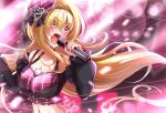  blonde_hair breasts cleavage flying_sweatdrops hairband hat highres idolmaster idolmaster_cinderella_girls kitsune_(foxsiona) kurosaki_chitose large_breasts long_hair microphone music red_eyes singing sweat sweatdrop 