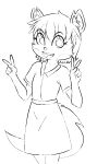  2023 5_fingers anthro black_and_white clothing digital_drawing_(artwork) digital_media_(artwork) domestic_cat dress felid feline felis female fingers gesture gold-white-kott hair mammal monochrome sheryl_(gold-white-kott) simple_background solo standing v_sign white_background young 