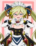  1girl absurdres blonde_hair blue_eyes blush breasts carol_malus_dienheim clothes_lift goounagi highres long_hair looking_at_viewer maid maid_headdress nipples open_mouth senki_zesshou_symphogear shirt_lift small_breasts smile solo twintails 