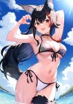  1girl absurdres animal_ear_fluff animal_ears arm_behind_head bikini black_hair blue_sky breasts cleavage cloud commentary_request day fang fisheye front-tie_bikini_top front-tie_top hair_ornament hand_up highres hololive hololive_summer_2022_swimsuit leaf_print long_hair looking_at_viewer maple_leaf_print medium_breasts multicolored_hair navel ocean official_alternate_costume ookami_mio ookami_mio_(summer_vacation) open_mouth outdoors partially_submerged print_bikini red_hair side-tie_bikini_bottom signature sky smile solo stomach streaked_hair sunlight swimsuit tail tail_around_own_leg underboob very_long_hair virtual_youtuber water_drop wet wide_ponytail wolf_ears wolf_girl wolf_tail zeiss 