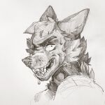  akatan_art anthro bodily_fluids canid drooling fangs hi_res insane looking_at_viewer male mammal monochrome open_mouth saliva simple_background solo sweat sweaty_face teeth traditional_media_(artwork) 