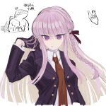  1girl black_gloves black_ribbon braid brown_necktie buttons collared_shirt gloves grey_background grey_hair hair_ribbon hand_in_own_hair hand_up highres jacket necktie open_clothes open_jacket parted_lips purple_eyes purple_jacket ribbon sai_(genko_yare) shirt side_braid simple_background solo teeth upper_body white_shirt 