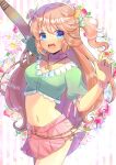  1girl arm_up blue_eyes blue_flower blush breasts brown_hair collar collarbone commission copyright_request flower freckles green_shirt hair_between_eyes hand_up horns kou_hiyoyo long_hair looking_at_viewer medium_breasts navel one_side_up pink_collar pink_skirt pleated_skirt puffy_short_sleeves puffy_sleeves red_flower shirt short_eyebrows short_sleeves skeb_commission skirt solo striped striped_background thick_eyebrows vertical_stripes very_long_hair white_background 