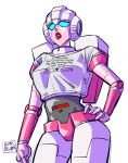  1girl absurdres arcee artist_name autobot blue_eyes bottomless breasts clothed_robot dumbdelvon english_text hand_on_own_hip highres looking_up mecha medium_breasts meme_attire parted_lips red_lips robot transformers white_background 
