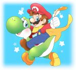  blue_background blue_eyes brown_footwear brown_hair cape colored_skin facial_hair feathers gloves green_skin highres holding holding_feather looking_at_viewer male_focus mario mario_(series) mustache open_mouth orange_footwear overalls riding smile star_(symbol) super_mario_world tail vergolophus white_gloves yoshi 