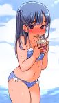  1girl absurdres bikini blue_bikini blue_eyes blue_hair blush breasts cloud cup drinking_straw highres long_hair looking_at_viewer navel open_mouth original outdoors polka_dot polka_dot_bikini shy sky small_breasts solo swimsuit thighs umekko 