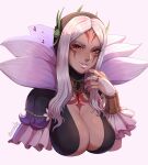  1girl absurdres aversa_(fire_emblem) black_nails breasts bridal_gauntlets cleavage dark-skinned_female dark_skin evomanaphy facial_mark fingernails fire_emblem fire_emblem_awakening fire_emblem_heroes flower_dress frilled_bridal_gauntlets heart highres jewelry large_breasts long_hair looking_at_viewer nail_polish necklace official_alternate_costume parted_lips pink_lips red_eyes sharp_fingernails smile solo underwear white_hair wrist_cuffs 