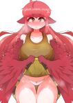  1girl absurdres ahoge animal_ears bare_shoulders bird_ears blush bow bow_panties breasts brown_eyes brown_tank_top clothes_lift coco_(eogks) feathered_wings feathers harpy highres large_breasts lifted_by_self long_hair monster_girl nn_(eogks) original panties red_feathers red_hair red_wings simple_background skirt skirt_lift tank_top thigh_gap underwear very_long_hair white_background white_panties winged_arms wings yellow_skirt 