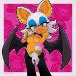  absurd_res anthro bat bat_wings bottomwear breasts clothing fangs female flashing flashing_breasts floral_background hi_res looking_at_viewer mammal membrane_(anatomy) membranous_wings pants rouge_the_bat sega shirt solo sonic_the_hedgehog_(series) specialkev800 tank_top teeth topwear undressing wings 