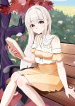  1girl absurdres bench book cherry_blossoms clanel_de_wargham dress flower frills highres holding holding_book light_smile long_hair looking_at_viewer maple_tree non-web_source orange_dress orange_eyes original osmanthus red_ribbon ribbon sitting sitting_on_bench solo sunflower tree white_hair 