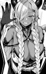  1girl absurdres azur_lane bare_shoulders blush braid breasts cleavage collarbone dark-skinned_female dark_skin detached_sleeves gloves greyscale grin hair_over_one_eye highres horns huge_breasts long_hair looking_at_viewer low_twin_braids mole mole_under_mouth monochrome obi owari_(azur_lane) s_ryouchi sash skirt smile solo strapless_kimono twin_braids very_long_hair wide_sleeves 