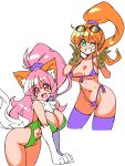  2girls :d absurdres animal_ears animal_hands big_hair breasts brown_hair cat_ears cat_tail cleavage cleavage_cutout clothing_cutout double_v eyewear_on_head gloves green_eyes green_leotard highres large_breasts leotard long_hair looking_at_viewer multiple_girls navel one_eye_closed open_mouth perisie_(star_ocean) pink_hair ponytail precis_neumann purple_thighhighs red_eyes ryoi simple_background smile star_ocean star_ocean_first_departure star_ocean_the_second_story tail thighhighs v white_background wide_ponytail 
