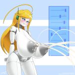  1:1 areola big_breasts blonde_hair blue_eyes blush bodily_fluids body_slider breast_expansion breasts cave_story curly_brace drooling expansion female genitals hair hi_res huge_breasts humanoid hyper hyper_breasts lactating looking_pleasured machine milk navel nipples nude open_mouth pussy robot robot_humanoid saliva signature smile solo standing text thick_thighs white_body wide_hips zedrin 