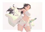  1girl bigrbear black_hair breasts brown_eyes coat cropped_legs earrings holding holding_sword holding_weapon jewelry long_hair looking_at_viewer medium_breasts navel open_clothes open_coat original pussy shorts solo sword two-tone_background uncensored weapon white_coat 
