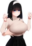 1girl 1other black_hair black_skirt blue_eyes blush breasts brown_shirt deep_skin disembodied_limb expressionless grabbing grabbing_another&#039;s_breast grabbing_from_behind hairband hands_up highres idolmaster idolmaster_cinderella_girls large_breasts long_sleeves looking_down pleated_skirt revision sagisawa_fumika senju_(snz0) shaded_face shirt shirt_tucked_in simple_background skirt white_background white_hairband 