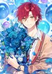  1boy balloon blue_flower bouquet bracelet ear_piercing earrings flower ha_yun holding holding_bouquet jewelry male_focus necktie nijisanji official_art piercing red_hair sakura_yuki_(clochette) shirt upper_body virtual_youtuber watch watermark white_shirt wristwatch yellow_eyes 