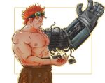  1boy abs bara eustass_kid feet_out_of_frame from_side goggles goggles_on_head highres large_hands large_pectorals long_sideburns maintenance male_focus mechanical_arms muscular muscular_male navel nipples one_piece pectorals red_hair scar short_hair sideburns single_mechanical_arm solo sorellaerba topless_male 